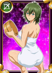 Rule 34 | 00s, 1girl, bare legs, barefoot, breasts, card (medium), female focus, green hair, ikkitousen, kyocho chuukou, large breasts, looking at viewer, looking back, shiny skin, short hair, solo, towel