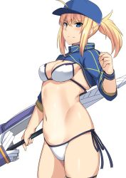 Rule 34 | 1girl, artoria pendragon (fate), baseball cap, bikini, blonde hair, blue hat, blue jacket, breasts, cleavage, closed mouth, commentary, cowboy shot, cropped jacket, fate/grand order, fate (series), hair through headwear, hat, holding, holding weapon, jacket, long sleeves, looking at viewer, medium breasts, medium hair, mysterious heroine x (fate), mysterious heroine xx (fate), navel, ponytail, shiseki hirame, shrug (clothing), side-tie bikini bottom, simple background, smile, solo, standing, swimsuit, thigh strap, twinmyniad (fate), weapon, white background, white bikini, wristband