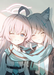 Rule 34 | 2girls, ahoge, animal ear fluff, animal ears, aqua necktie, aqua scarf, black jacket, blazer, blue archive, blue eyes, chest harness, closed eyes, closed mouth, collared shirt, commentary, cross, cross hair ornament, dot nose, grey background, grey hair, hair between eyes, hair flaps, hair intakes, hair ornament, halo, harness, highres, hoshino (blue archive), huge ahoge, inverted cross, jacket, lapels, leaning on person, light blush, long hair, long sleeves, looking at viewer, multiple girls, necktie, no halo, one eye closed, open clothes, open jacket, parted lips, pink hair, retsu (retsu 3), scarf, shadow, shared clothes, shared scarf, shiroko (blue archive), shirt, shirt tucked in, short hair, sleeping, split mouth, sunlight, upper body, white shirt, wolf ears, wolf girl