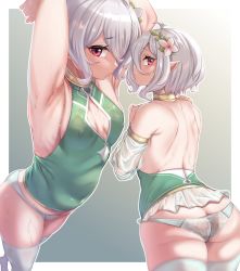 Rule 34 | 1girl, armpit focus, armpits, arms behind head, ass, breasts, choker, covered erect nipples, hair between eyes, hair ornament, highres, kokkoro (princess connect!), looking at viewer, moisture (chichi), multiple views, panties, pointy ears, princess connect!, purple eyes, short hair, silver hair, sleeveless, small breasts, sweat, thighhighs, underwear, white background, white panties