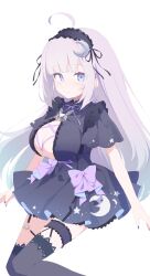 Rule 34 | 1girl, absurdres, ahoge, black dress, blue eyes, blunt bangs, blush, breasts, cleavage, commentary, commission, crescent, dress, frilled dress, frills, garter straps, highres, large breasts, long hair, moon (ornament), simple background, skeb commission, smile, urotsuki (2013.04), white background