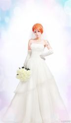 Rule 34 | 1girl, artist request, bouquet, dress, elbow gloves, female focus, flower, gloves, hand on own hip, jewelry, nami (one piece), necklace, one piece, orange hair, photomanip, photorealistic, realistic, solo, thriller bark, wedding dress, white dress, white gloves