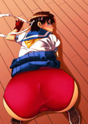 Rule 34 | 1girl, 4st injection, all fours, ass, bloomers, blush, capcom, highres, kasugano sakura, looking back, school uniform, solo, street fighter, tagme, underwear