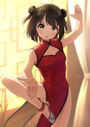 Rule 34 | 1girl, black hair, blurry, blurry background, breasts, chestnut mouth, china dress, chinese clothes, cleavage cutout, clothing cutout, commentary, curtains, double bun, dress, grey eyes, hair bun, hands up, highres, legs, looking at viewer, original, print dress, red dress, short hair, sleeveless, sleeveless dress, small breasts, solo, standing, standing on one leg, sunset, thighs, tsunenorip, v-shaped eyebrows, white footwear, window