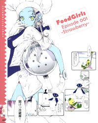 Rule 34 | artbook, blue skin, blueberry-chan, chef, chef hat, colored skin, comic, finger to mouth, food girls, frying pan, hat, highres, okama, refrigerator, strawberry-chan