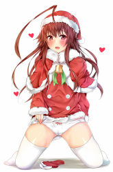 Rule 34 | 10s, 1girl, ahoge, alternate costume, bell, blush, brown eyes, brown hair, capelet, christmas, commentary request, fang, fur trim, hat, heart, highres, huge ahoge, kantai collection, kneeling, kuma (kancolle), long hair, long sleeves, looking at viewer, matching hair/eyes, open mouth, panties, pikacchi, santa costume, santa hat, solo, thighhighs, underwear, white background, white panties, white thighhighs