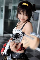 Rule 34 | 1girl, asian, belt, breasts, cosplay, cosplay photo, elbow gloves, electric guitar, fender stratocaster, gloves, guitar, hairband, indoors, instrument, kipi-san, looking at viewer, midriff, one eye closed, photo (medium), real life, small breasts, solo, suzumiya haruhi, suzumiya haruhi (cosplay), suzumiya haruhi no yuuutsu, wink