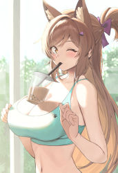 Rule 34 | 1girl, animal ears, blush, breasts, brown hair, bubble tea, bubble tea challenge, cleavage, commission, crop top, drinking, drinking straw, hair ribbon, highres, large breasts, long hair, looking at viewer, navel, one eye closed, original, purple ribbon, ribbon, sidelocks, solo, twin (tt lsh), upper body, yellow eyes