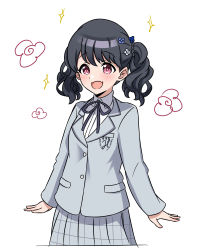 Rule 34 | 1girl, absurdres, artist request, black hair, blazer, commentary request, fangs, flower, fukumaru koito, grey jacket, grey skirt, hair flower, hair ornament, highres, idolmaster, idolmaster shiny colors, jacket, looking at viewer, open mouth, plaid, plaid skirt, purple eyes, school uniform, skin fangs, skirt, solo, twintails, white background