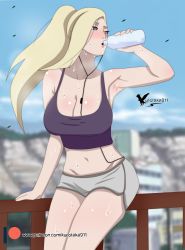 Rule 34 | 1girl, absurdres, agung911, armpits, blonde hair, blue sky, blurry, blurry background, blush, bottle, breasts, cleavage, drinking, earbuds, earphones, exercise, green eyes, hair blowing, highres, holding, holding bottle, jogging, large breasts, long hair, mountain, naruto, naruto (series), navel, on railing, outdoors, patreon username, ponytail, purple tank top, railing, short shorts, shorts, signature, sky, sweat, tank top, thighs, water bottle, wind, yamanaka ino