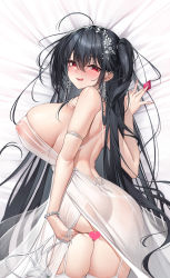 Rule 34 | ahoge, ass, azur lane, black hair, breasts, censored, condom, crossed bangs, dakimakura (medium), dress, garter straps, heart, heart-shaped pupils, heart censor, highres, huge breasts, jewelry, laced, licking lips, lingerie, long hair, looking at viewer, looking back, meion, naughty face, nipples, official alternate costume, panties, red eyes, satin dress, see-through, see-through dress, see-through panties, side ponytail, sideboob, skindentation, smile, symbol-shaped pupils, taihou (azur lane), taihou (temptation on the sea breeze) (azur lane), thighhighs, tongue, tongue out, underwear, wedding dress, white thighhighs