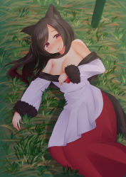 Rule 34 | 1girl, animal ears, bare shoulders, binsen, blush, breasts, brooch, brown hair, cleavage, dress, grass, imaizumi kagerou, jewelry, large breasts, long hair, looking at viewer, lying, open mouth, red eyes, solo, sweat, tail, touhou, wolf ears, wolf tail