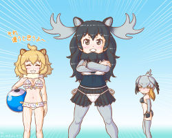 Rule 34 | 10s, 3girls, :d, ^ ^, abs, absurdres, animal ears, antlers, arm at side, arms at sides, ball, bare arms, bare legs, bare shoulders, beachball, bikini, bird wings, black bikini, black gloves, black hair, blonde hair, blush, breasts, brown eyes, cellien (kemono friends), cleavage, closed eyes, commentary request, crossed arms, emphasis lines, feathered wings, fingerless gloves, front-tie bikini top, front-tie top, fur collar, gloves, green eyes, grey hair, grey legwear, head wings, highres, holding, holding ball, horns, kemono friends, lion (kemono friends), lion ears, long hair, long sleeves, looking at another, looking at viewer, low ponytail, moose (kemono friends), moose ears, multicolored bikini, multicolored clothes, multicolored hair, multiple girls, navel, no tail, one-eyed, open mouth, orange hair, pantyhose, paw print, pleated skirt, shoebill (kemono friends), short hair, side-tie bikini bottom, side-tie bottom, side ponytail, skirt, smile, standing, stomach, sweater, swimsuit, thighhighs, white bikini, wings, yosiyuki yosizo, you&#039;re doing it wrong