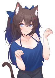 Rule 34 | 1girl, absurdres, animal ear fluff, animal ears, bikini, black pants, blouse, blue bikini, blue bow, blue eyes, blue shirt, bow, breasts, brown hair, cat ears, cat girl, cat tail, closed mouth, collarbone, commission, hair between eyes, hair bow, hair ornament, hairclip, highres, long hair, original, pants, paw pose, shirt, solo, swimsuit, tail, twintails, valefal coneri