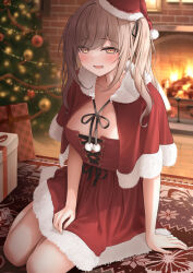 Rule 34 | 1girl, blush, box, breasts, brown eyes, brown hair, christmas, christmas tree, cleavage, collarbone, eyes visible through hair, hair ornament, hat, highres, large breasts, looking at viewer, monaka curl, original, parted lips, red hat, rug, santa hat, smile, solo, twintails