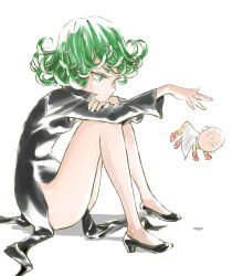 Rule 34 | bare legs, black dress, black footwear, breasts, cape, character doll, closed mouth, curly hair, dress, eyelashes, floating, from side, full body, green eyes, green hair, high collar, high heels, kaazu, legs, levitation, long sleeves, medium hair, messy hair, one-punch man, saitama (one-punch man), shadow, shoes, side slit, simple background, sitting, small breasts, solo, tatsumaki, thighs, white background