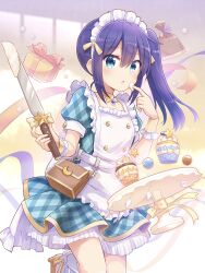 Rule 34 | 1girl, alternate costume, apron, blue eyes, blue hair, cake, collarbone, enmaided, female focus, food, gift, kirara fantasia, koisuru asteroid, looking at viewer, maid, maid headdress, manaka ao, moon (ornament), open mouth, side ponytail, solo, star (symbol), white day