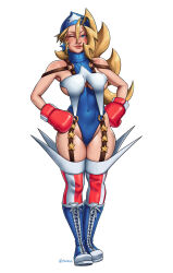 Rule 34 | 1girl, blonde hair, blue eyes, boxing gloves, breasts, gloves, hands on own hips, highres, justice gakuen, large breasts, long hair, looking at viewer, mootium, one eye closed, solo, tiffany lords, twitter username, white background, wink