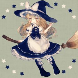 Rule 34 | 1girl, apron, bad id, bad pixiv id, blonde hair, blush, boots, braid, broom, broom riding, cross-laced footwear, green background, hat, kirisame marisa, long hair, puffy short sleeves, puffy sleeves, ribbon, short sleeves, skirt, smile, solo, star (symbol), touhou, vest, witch hat, yellow eyes, yujup