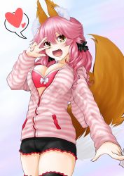 Rule 34 | 10s, 1girl, animal ears, black legwear, blush, bra, breasts, cleavage, fang, fate/extra, fate/extra ccc, fate/grand order, fate (series), fox ears, fox tail, gradient background, heart, highres, large breasts, official alternate costume, open mouth, pink bra, pink hair, shibata morisoba, solo, speech bubble, spoken heart, tail, tamamo no mae (fate/extra), tamamo no mae (spring casual) (fate), underwear, yellow eyes