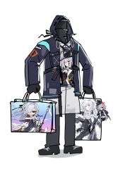 Rule 34 | 1girl, 1other, a9712mob, arknights, ascot, bag, black footwear, black gloves, character doll, character print, doctor (arknights), full body, gladiia (arknights), gloves, grey hair, hair over one eye, hat, highres, holding, holding bag, hood, hooded jacket, jacket, official alternate costume, one eye covered, red eyes, shopping bag, simple background, stuffed toy, white ascot, white background