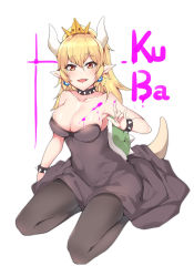 Rule 34 | 1girl, :p, arm up, armpits, bare shoulders, black dress, black pantyhose, blonde hair, blue eyes, blush, bodypaint, bowsette, bracelet, breasts, cleavage, collar, collarbone, commentary request, covered navel, crown, dress, earrings, full body, highres, horns, jewelry, kneeling, large breasts, long hair, looking at viewer, mario (series), meng ge 3 (565571710), new super mario bros. u deluxe, nintendo, pantyhose, parted lips, pointy ears, red eyes, sidelocks, sitting, smile, solo, spiked bracelet, spiked collar, spiked shell, spikes, strapless, strapless dress, super crown, tail, tongue, tongue out, turtle shell, two-tone background