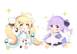 Rule 34 | 2girls, :o, ahoge, azur lane, bare shoulders, black bow, black ribbon, blonde hair, blush, bow, brown eyes, brown footwear, chibi, commentary request, criss-cross halter, detached sleeves, dress, eldridge (azur lane), facial mark, hair bun, hair ribbon, halterneck, highres, holding, holding stuffed toy, lenxiao, long hair, long sleeves, multiple girls, multiple tails, one side up, open mouth, outstretched arm, outstretched arms, pantyhose, parted lips, puffy long sleeves, puffy sleeves, purple eyes, purple hair, ribbon, side bun, simple background, single hair bun, single side bun, sleeveless, sleeveless dress, sparkle, spread arms, standing, standing on one leg, stuffed animal, stuffed pegasus, stuffed toy, stuffed unicorn, stuffed winged unicorn, tail, thighhighs, twintails, two tails, very long hair, white background, white dress, white footwear, white legwear