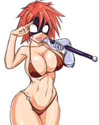 Rule 34 | 1girl, abs, bare arms, bare shoulders, breasts, cleavage, curvy, female focus, hip focus, holding, holding weapon, large breasts, mask, navel, nisetanaka, orange hair, plump lips, short hair, solo, standing, stomach, sword, tagme, thick thighs, thighs, weapon, white eyes, wide hips