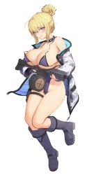 Rule 34 | 1girl, absurdres, blonde hair, blue eyes, blush, boots, breasts, choker, cleavage, fingerless gloves, full body, gloves, greentree, gun, habetrot (last origin), hair bun, hair ornament, highres, huge breasts, jacket, last origin, looking at viewer, one-piece swimsuit, sidelocks, simple background, single hair bun, solo, submachine gun, swimsuit, thigh strap, wavy mouth, weapon, white background