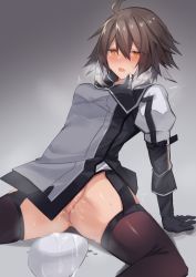 Rule 34 | 1girl, ahoge, arknights, arm support, black gloves, black thighhighs, blush, bottomless, brown hair, commentary request, egg, egg laying, feather hair, garter straps, gloves, hair between eyes, medium hair, multicolored hair, plume (arknights), pussy juice, sasa onigiri, simple background, solo, strap, sweatdrop, thighhighs, two-tone hair, white hair, yellow eyes