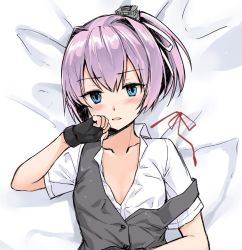 Rule 34 | 1girl, bed sheet, black vest, blue eyes, blush, collarbone, collared shirt, covered erect nipples, d:, eyes visible through hair, fingerless gloves, fukuroumori, gloves, hair intakes, hair ornament, hair ribbon, hand to own mouth, kantai collection, looking at viewer, lying, off shoulder, on back, open mouth, pink hair, ponytail, red ribbon, ribbon, unworn ribbon, school uniform, see-through, shiranui (kancolle), shiranui kai ni (kancolle), shirt, short sleeves, sketch, solo, unbuttoned, upper body, vest, white ribbon, white shirt