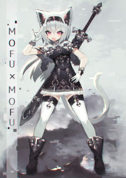 Rule 34 | 1girl, animal ear fluff, animal ears, boots, capelet, cat ears, cat tail, full body, gloves, hairband, legs apart, long hair, mamuru, open mouth, original, red eyes, silver hair, solo, standing, sword, tail, thighhighs, weapon