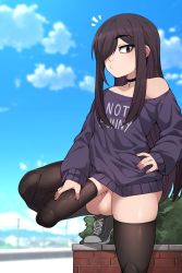 Rule 34 | 1boy, absurdres, black choker, black eyes, black hair, black thighhighs, blue sky, blurry, blurry background, borrowed character, choker, clothes writing, collarbone, condom, condom on penis, hair over one eye, hand on own hip, highres, huge penis, in (ain), long hair, long sleeves, looking at viewer, male focus, nail polish, original, outdoors, penis, pink nails, roland (ms pigtails), shoes, sidelocks, sky, sneakers, solo, testicles, thighhighs, trap