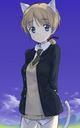Rule 34 | 1girl, animal ears, arms behind back, black jacket, black necktie, black ribbon, blazer, blue eyes, blue sky, braid, brown hair, brown vest, cat ears, cat tail, closed mouth, cloud, cloudy sky, cowboy shot, day, dress shirt, fankupl, hair ribbon, highres, jacket, long hair, looking at viewer, loose necktie, lynette bishop, necktie, no pants, outdoors, ribbon, shirt, single braid, sky, smile, solo, standing, strike witches, tail, v-neck, vest, white shirt, wing collar, world witches series