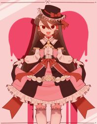Rule 34 | 1girl, :d, ascot, black eyes, black hat, black skirt, bow, brown hair, buttons, commentary request, cookie (touhou), curtsey, empty eyes, fedora, feet out of frame, frilled hat, frilled skirt, frilled sleeves, frills, hair between eyes, hakurei reimu, hat, hat bow, heart, heart background, highres, hitsuji tamura, lace, lolita fashion, long bangs, long hair, long sleeves, looking at viewer, noel (cookie), open mouth, pink skirt, red bow, shirt, sidelocks, skirt, smile, socks, solo, standing, sweat, touhou, two-tone skirt, white shirt, white socks, yellow ascot