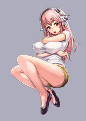 Rule 34 | 1girl, blush, breast lift, breast suppress, breasts, covered erect nipples, flats, headphones, highres, large breasts, legs, legs up, long hair, long legs, midriff, nitroplus, nostra, open mouth, pink hair, red eyes, shirt, short shorts, short sleeves, shorts, simple background, solo, super sonico, taut clothes, taut shirt, thighs