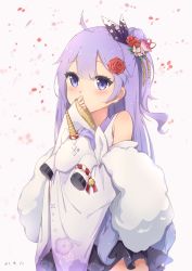 Rule 34 | 1girl, ahoge, azur lane, blunt bangs, blush, commentary request, covering own mouth, dated, detached sleeves, eyes visible through hair, fur scarf, gradient background, hair ornament, hugging doll, hugging object, long hair, looking at viewer, one side up, petals, purple eyes, purple hair, sidelocks, simple background, solo, stuffed animal, stuffed toy, stuffed winged unicorn, unicorn (azur lane), unicorn (prayer of plum and snow) (azur lane), wide sleeves, yuia
