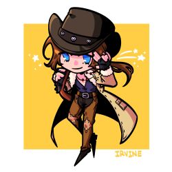 Rule 34 | 1boy, absurdres, belt buckle, black gloves, black pants, blue eyes, border, brown hair, brown hat, buckle, chaps, character name, chibi, cowboy hat, final fantasy, final fantasy viii, fingerless gloves, full body, fur-trimmed jacket, fur trim, gloves, hat, highres, irvine kinneas, jacket, jewelry, long hair, looking at viewer, low ponytail, male focus, necklace, pants, parted bangs, pointy footwear, r-s13, smile, solo, white border, yellow background