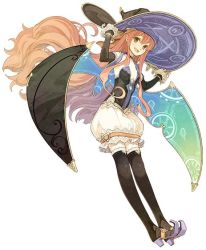 Rule 34 | 1girl, arm warmers, atelier (series), atelier shallie, black thighhighs, boots, brown eyes, bubble skirt, cape, female focus, full body, hat, hidari (left side), long hair, multicolored wings, official art, pink hair, print headwear, skirt, smile, solo, thigh boots, thighhighs, very long hair, white background, white skirt, wilbell voll-ersleid, wings, witch hat