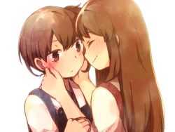 Rule 34 | 10s, 2girls, akagi (kancolle), brown eyes, brown hair, female focus, hair between eyes, hand on another&#039;s cheek, hand on another&#039;s face, japanese clothes, kaga (kancolle), kantai collection, long hair, multiple girls, muneate, personification, shifumi, side ponytail, simple background, smile, white background, yuri