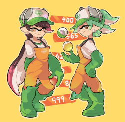 Rule 34 | + +, arm behind back, baseball cap, black hair, boots, callie (splatoon), closed mouth, commentary, cousins, earrings, english commentary, engrish commentary, from side, gloves, golden egg, gomipomi, gradient hair, green footwear, green gloves, green hair, green headwear, hand on own hip, hat, jewelry, long hair, long sleeves, looking at viewer, marie (splatoon), mole, mole under eye, multicolored hair, nintendo, orange overalls, overalls, pointy ears, print headwear, purple hair, rubber boots, rubber gloves, salmon run (splatoon), scoreboard, shirt, short eyebrows, short hair, smile, splatoon (series), splatoon 2, standing, tentacle hair, very long hair, white shirt, yellow background