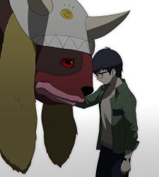 Rule 34 | 2boys, digimon, digimon survive, glasses, horns, kayama shuuji, looking at another, multiple boys, red eyes, wendimon