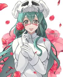 Rule 34 | 1girl, amorphe113, bleach, breasts, brown eyes, commentary, curled horns, eyelashes, facial mark, falling petals, floral background, flower, gloves, green hair, hair between eyes, happy, happy birthday, highres, holding, holding flower, horns, large breasts, lips, long hair, long sleeves, looking at viewer, mask, mask on head, nelliel tu odelschwanck, parted lips, petals, red flower, red rose, rose, shirt, sidelocks, simple background, skull mask, smile, solo, straight-on, symbol-only commentary, tsurime, upper body, very long hair, wavy hair, white background, white gloves, white shirt, wide sleeves