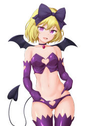 Rule 34 | 1girl, absurdres, blonde hair, blush, breasts, collar, collarbone, covered erect nipples, demon tail, demon wings, elly (tonari no kyuuketsuki-san), fang, groin, hair ornament, hair ribbon, highres, jewelry, looking at viewer, midriff, navel, ocza, open mouth, purple eyes, purple thighhighs, ribbon, shiny clothes, shiny skin, short hair, simple background, small breasts, smile, solo, tail, thighhighs, tonari no kyuuketsuki-san, white background, wings