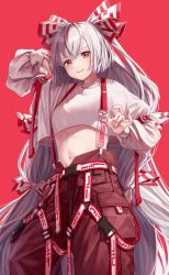 Rule 34 | 1girl, absurdres, adapted costume, arm up, blush, bow, breasts, buckle, closed mouth, eyes visible through hair, fingernails, fujiwara no mokou, grey hair, hair between eyes, hair bow, hands up, highres, juliet sleeves, long fingernails, long hair, long sleeves, looking at viewer, medium breasts, multicolored bow, navel, ofuda, pants, pocket, puffy long sleeves, puffy sleeves, red background, red bow, red eyes, red pants, shirt, simple background, smile, snap-fit buckle, solo, standing, suspenders, torinari (dtvisu), touhou, white bow, white shirt