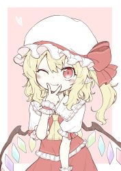 Rule 34 | 1girl, ascot, blonde hair, blush, border, bow, closed mouth, commentary request, crystal, eyebrows visible through hat, fang, fang out, flandre scarlet, frilled shirt collar, frills, hair between eyes, hat, hat bow, highres, long hair, looking at viewer, mob cap, one eye closed, one side up, oninamako, outside border, pink background, puffy short sleeves, puffy sleeves, red bow, red eyes, red skirt, red vest, short sleeves, simple background, skirt, slit pupils, smile, solo, touhou, upper body, v over mouth, vest, white border, white hat, wings, yellow ascot