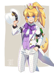 Rule 34 | 1girl, argyle, armlet, blonde hair, blue eyes, bow, bowser logo, bowsette, bowtie, bracelet, commentary request, cropped legs, diagonal stripes, formal, grin, hat, unworn headwear, horns, jewelry, mario (series), new super mario bros. u deluxe, nintendo, pant suit, pants, pointy ears, ponytail, sharp teeth, shell, signature, smile, solo, sou (pale 1080), spiked armlet, spiked bracelet, spiked tail, spikes, striped, suit, super crown, super mario odyssey, tail, tailcoat, teeth, top hat, tuxedo