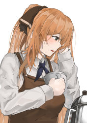 Rule 34 | 1girl, apron, blush, brown apron, coffee cup, cup, disposable cup, girls&#039; frontline, green eyes, hair ribbon, hand in own hair, hand on headwear, highres, long hair, looking away, necktie, open mouth, orange hair, ribbon, shirt, solo, springfield (girls&#039; frontline), umber00, white background, white shirt