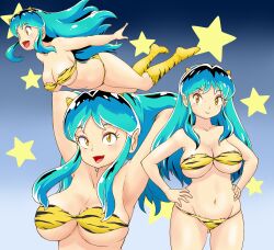 Rule 34 | 1girl, animal print, armpits, arms behind head, bikini, blue background, boots, breasts, cleavage, closed mouth, commentary request, flying, gradient background, green hair, hands on own hips, highres, horns, large breasts, long hair, looking at viewer, lum, multiple views, navel, open mouth, pointy ears, print bikini, print footwear, smile, star (symbol), starry background, strapless, strapless bikini, swimsuit, tiger print, tof, urusei yatsura, yellow bikini, yellow eyes, yellow footwear
