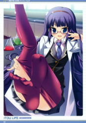 Rule 34 | 1girl, absurdres, blazer, blush, censored, clothes pull, convenient censoring, convenient leg, desk, erlenmeyer flask, fang, feet, flask, glasses, highres, itou life, jacket, lab coat, leg lift, long hair, necktie, no shoes, pantyhose, pantyhose pull, red pantyhose, school uniform, skirt, solo, toe-point, toes, undressing, very long hair